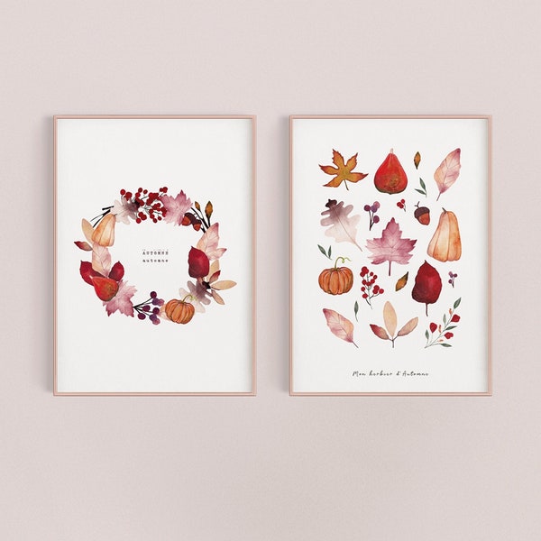 Lot de 2 affiches A4 d'Automne | Décoration d'automne murale champêtre | Impression aquarelle artisanale