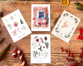 Lot de 4 cartes aquarelle d'hiver | Carte de voeux Bonne année | Carte Joyeux Noël | Coffret cadeau