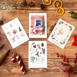 Lot de 4 cartes aquarelle d'hiver | Carte de voeux Bonne année | Carte Joyeux Noël | Coffret cadeau