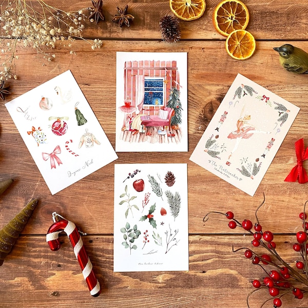 Lot de 4 cartes aquarelle d'hiver | Carte de voeux Bonne année | Carte Joyeux Noël | Coffret cadeau