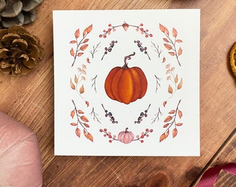 Autumn greeting card to offer or to decorate | Pumpkin in watercolor nature decoration | Pleased to offer