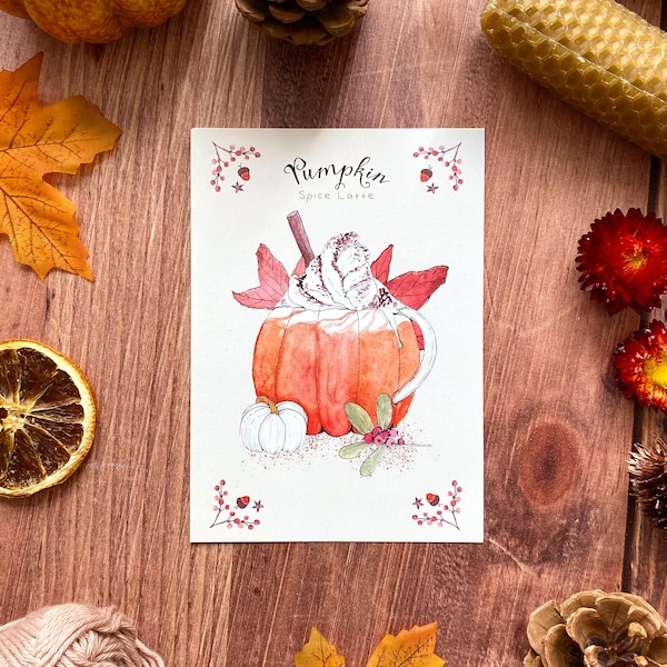 Carte réconfortante Citrouille Pumpkin Spice Latte | Boisson d’automne cosy pour un anniversaire, à encadrer ou à offrir | Aquarelle