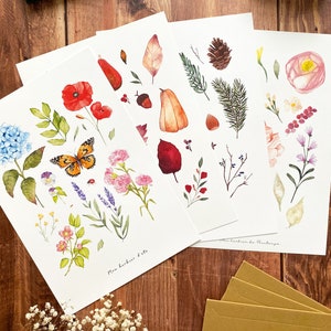 Conjunto de 4 carteles A4 de las estaciones | Decoración de pared campestre | Estampado de acuarela hecho a mano para verano otoño invierno primavera