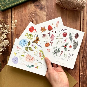 Set mit 4 Herbariumkarten im A6-Format | 4 Jahreszeiten, illustriert in Aquarell und ideal für: Danke, Herrin, Hochzeit, Party, Geburtstag