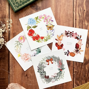 Set of 4 seasonal crown cards | summer autumn winter spring | Happy New Year greeting card | Merry Christmas card | Gift box