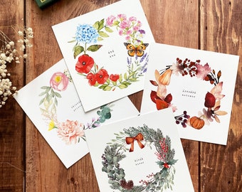 Lot de 4 cartes couronnes des saisons | été automne hiver printemps | Carte de voeux Bonne année | Carte Joyeux Noël | Coffret cadeau