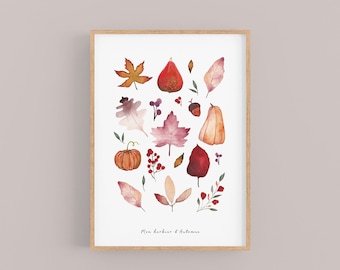 Impression Herbier d'Automne peint à la main | Illustration farmhouse vintage | Illustration mignonne pour enfant