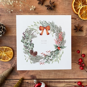 Winterkrans met dennentakken en strik | Natuurlijke decoratie om in te lijsten of aan te bieden voor Kerstmis | Zachte aquarelillustratie