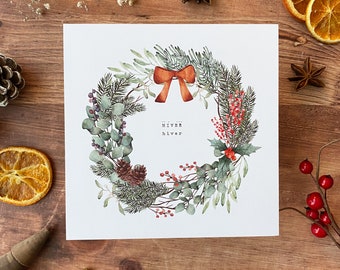 Couronne d’hiver avec branches de sapin et noeud | Décoration naturelle à encadrer ou à offrir pour Noël | Illustration douce à l'aquarelle