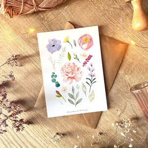 A6 card with watercolor spring flowers | Rose, peony, eucalyptus & anemones | Made in France