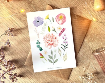 Carte A6 fleurs de printemps peintes à l’aquarelle | Rose, pivoine, eucalyptus & anémones | Fabrication française