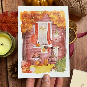Carte automnale illustrée à l’aquarelle pour fêter Mabon-Thanksgiving | Format A6 - Décoration d’automne avec citrouilles