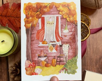 Autumn card illustrated in watercolor to celebrate Mabon-Thanksgiving | A6 format - Autumn decoration with pumpkins