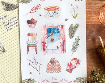 Planche d’autocollant hiver - Stickers mignon sapin cosy favoris d’hiver pour bullet journal et scrapbooking