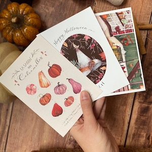 Lot de 3 cartes A6 d’Halloween | Illustrées à l'aquarelle et idéales pour : samhain, mabon, fête, anniversaire
