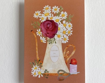 Carte de voeux fleurs et arrosoir du jardin à l'aquarelle pour : anniversaire, fête, remerciement, merci maîtresse fait-main en France