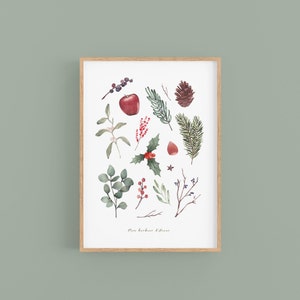 Herbier d'Hiver poétique A4 | Peinture botanique | Houx, sapin & Noël | Papier français