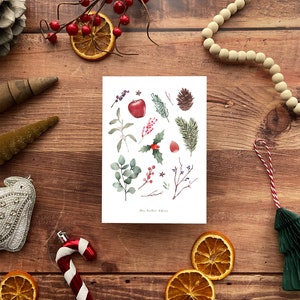 Carte dhiver illustrée Houx, cannelle, pomme de pin, gui & sapin Faire plaisir à Noël image 1