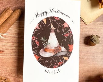 Carte A6 illustrée Happy Halloween Wich pour fêter Samhain à offrir à une sorcière | Chapeau pointu et feuilles d’automne | Création