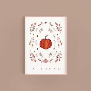 Décoration murale Cottagecore élégante pour l’Automne | Format A4 - Affiche aquarelle herbier citrouille