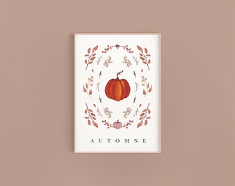 Elegant Cottagecore Wall Decor for Autumn | A4 Size - Pumpkin Herbarium Watercolor Poster