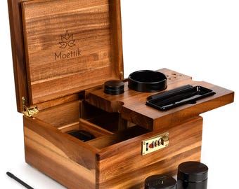 Acacia Wood Storage Box with Combination Lock – Large Organizer with Removable Tray and Accessories Smell Proof Storage Box Organizer Set