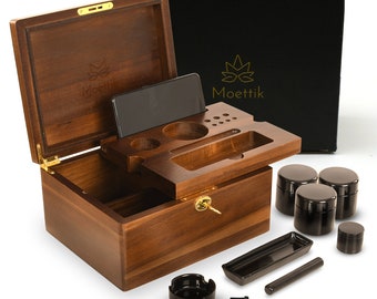 Premium  Stash Box Smell Proof Wooden Stash Box with Lock and Accessories, Rolling Trays, Grinder, Doob Tube, UV Stash Jar, Ashtray, Brush