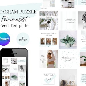 Instagram Puzzle. Canva Vorlage. Instagram Feed Grid . 15 Minimalistische Instagram Posts. Social Media Marketing. Weiß und Mint Instagram Post