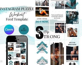 Workout Instagram Puzzle. Canva Template. Instagram Feed Grid . 15 Fitness Instagram Posts. Social Media post