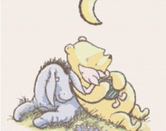 May include: A yellow bear with a red shirt is hugging a blue donkey. The bear is lying on its back with its legs in the air. The donkey is lying on its side with its head resting on the bear's chest. A yellow crescent moon is in the upper right corner of the image.