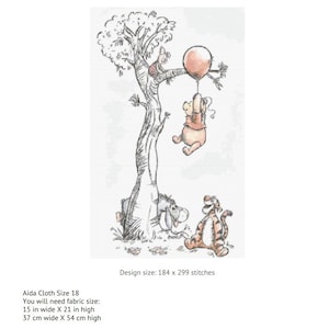 Puede incluir: Patr&oacute;n de punto de cruz con Winnie de Pooh, Piglet, Eeyore y Tigger colgados de un &aacute;rbol con un globo rojo. El tama&ntilde;o del dise&ntilde;o es de 184 x 299 puntos. Se recomienda tela Aida de tama&ntilde;o 18. El &aacute;rea cosida ser&aacute; de 25,96 cm de ancho por 42,19 cm de alto.
