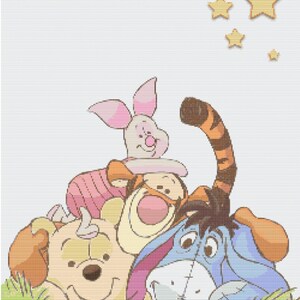 May include: A colorful illustration featuring Winnie the Pooh, Piglet, Tigger, and Eeyore. The characters are depicted in a cheerful pose, surrounded by green grass and golden stars. The image has a soft, textured appearance.