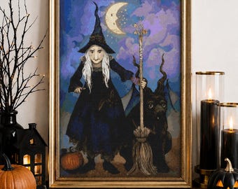 Witchy Halloween Magic – Enchanted Witch & Black Cat Cross Stitch Pattern