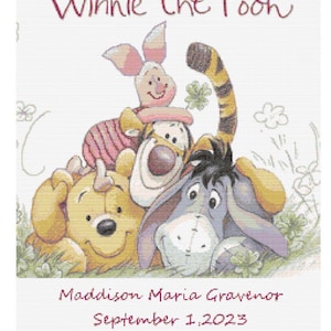 Baby Shower_Winnie The Pooh Rosa_Escribe Nombre y Letras_Patrón de Punto de Cruz_PDF_4 Archivos Descarga Instantánea_Alfabeto Incluido
