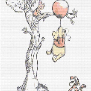 Puede incluir: Winnie de Pooh, Piglet y Tigger de la caricatura de Disney est&aacute;n representados en un patr&oacute;n de punto de cruz en blanco y negro. Pooh sostiene un globo rosa, Piglet est&aacute; colgado de una rama de &aacute;rbol y Tigger est&aacute; de pie en el suelo.