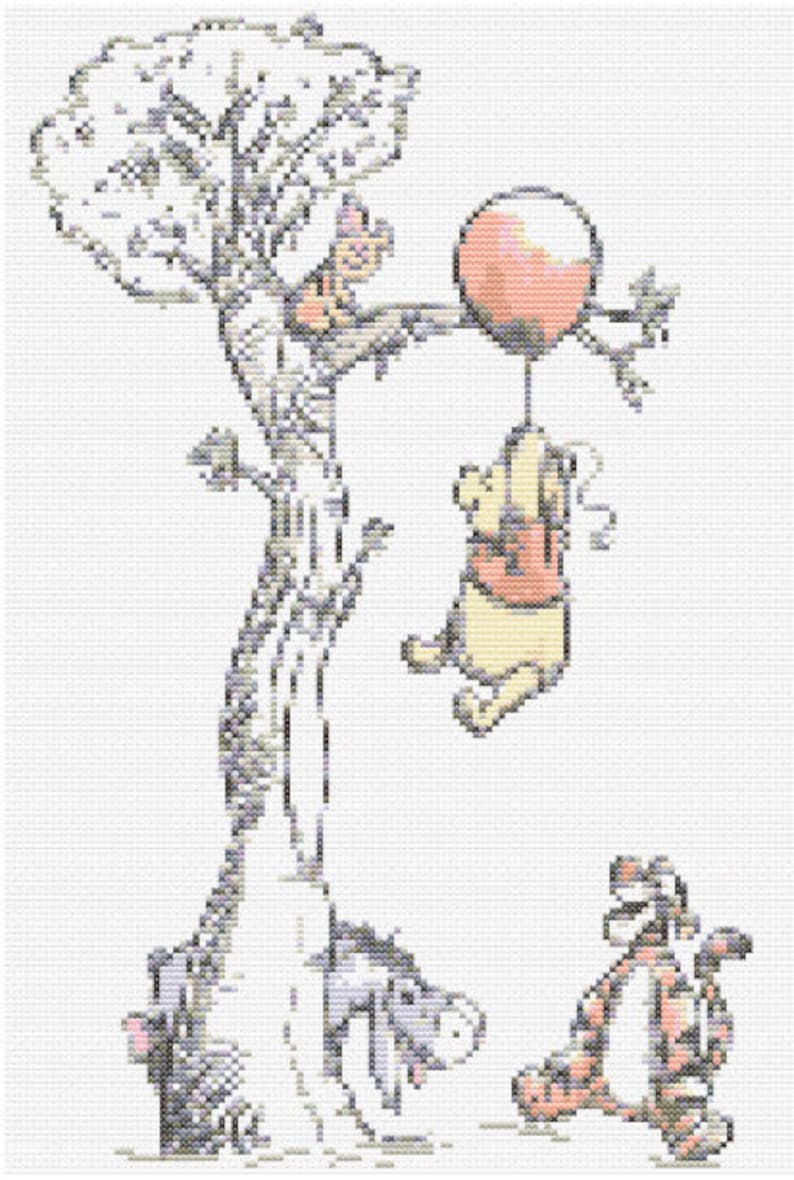 Puede incluir: Winnie de Pooh, Piglet y Tigger de la caricatura de Disney est&aacute;n representados en un patr&oacute;n de punto de cruz en blanco y negro. Pooh sostiene un globo rosa, Piglet est&aacute; colgado de una rama de &aacute;rbol y Tigger est&aacute; de pie en el suelo.