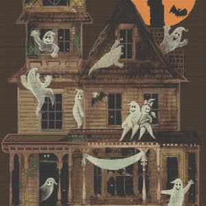 Vintage Haunted House Halloween Decoration, Cross Stitch Pattern, PDF Files