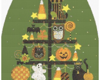 May include: A Halloween-themed tree illustration with a green background. The tree is decorated with various Halloween symbols, including a black cat, pumpkin, candy corn, and a ghost. A crescent moon and stars are at the top. The word "BOO!" is visible.