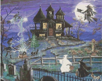 Arte popular de Halloween: Casa embrujada dorada con cerca de hierro de bruja, patrón de punto de cruz, archivos PDF