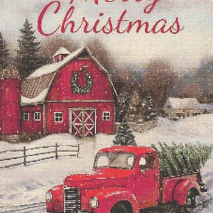 May include: A Christmas-themed image featuring a red vintage pickup truck carrying a Christmas tree on a snowy road. A red barn with a wreath and the text "Merry Christmas" are in the background. The scene evokes a festive, winter holiday atmosphere.