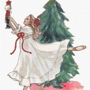 May include: A ballerina in a white dress holds a toy soldier in her right hand, while her left foot is pointed in the air. She stands in front of a green Christmas tree with a star on top. The scene is painted in a watercolor style with pink, blue, and yellow accents.