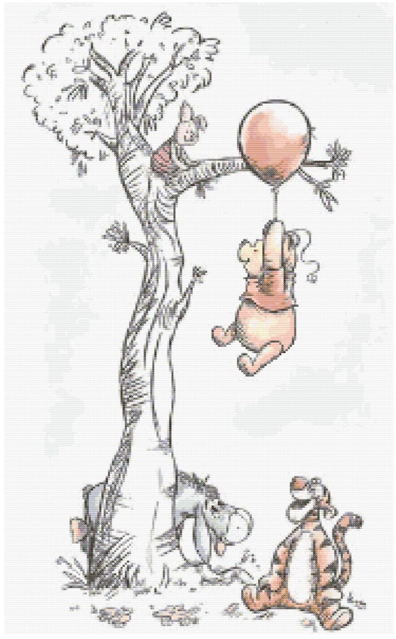 Puede incluir: Winnie de Pooh, Piglet, &Iacute;gor y Tigger est&aacute;n representados en una ilustraci&oacute;n en blanco y negro. Pooh est&aacute; sujetando un globo rosa mientras Piglet cuelga de una rama de &aacute;rbol. &Iacute;gor est&aacute; sentado en el suelo junto al &aacute;rbol y Tigger est&aacute; sentado en el suelo frente a &Iacute;gor.