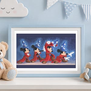 May include: A framed horizontal art print featuring four illustrations of Mickey Mouse dressed as a sorcerer in a red robe and a blue pointed hat with white stars and moons, set against a dark blue background with sparkling magical effects.