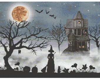 Halloween Witch Full Moon Haunted House Scene, Cross Stitch Pattern, PDF Files