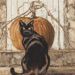 Happy Halloween Art Black Cat & Pumpkin, Cross Stitch Pattern, Instant Download, PDF Files