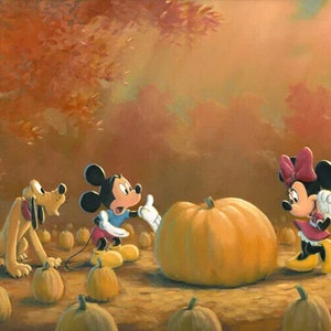 May include: A group of Disney characters, including Mickey Mouse, Minnie Mouse, Goofy, Pluto, and Donald Duck, are gathered in a pumpkin patch. They are surrounded by pumpkins of various sizes, with one giant pumpkin in the centre. The characters are all looking at the giant pumpkin, and some are pointing at it. The scene is set in an autumn forest with orange and brown leaves.