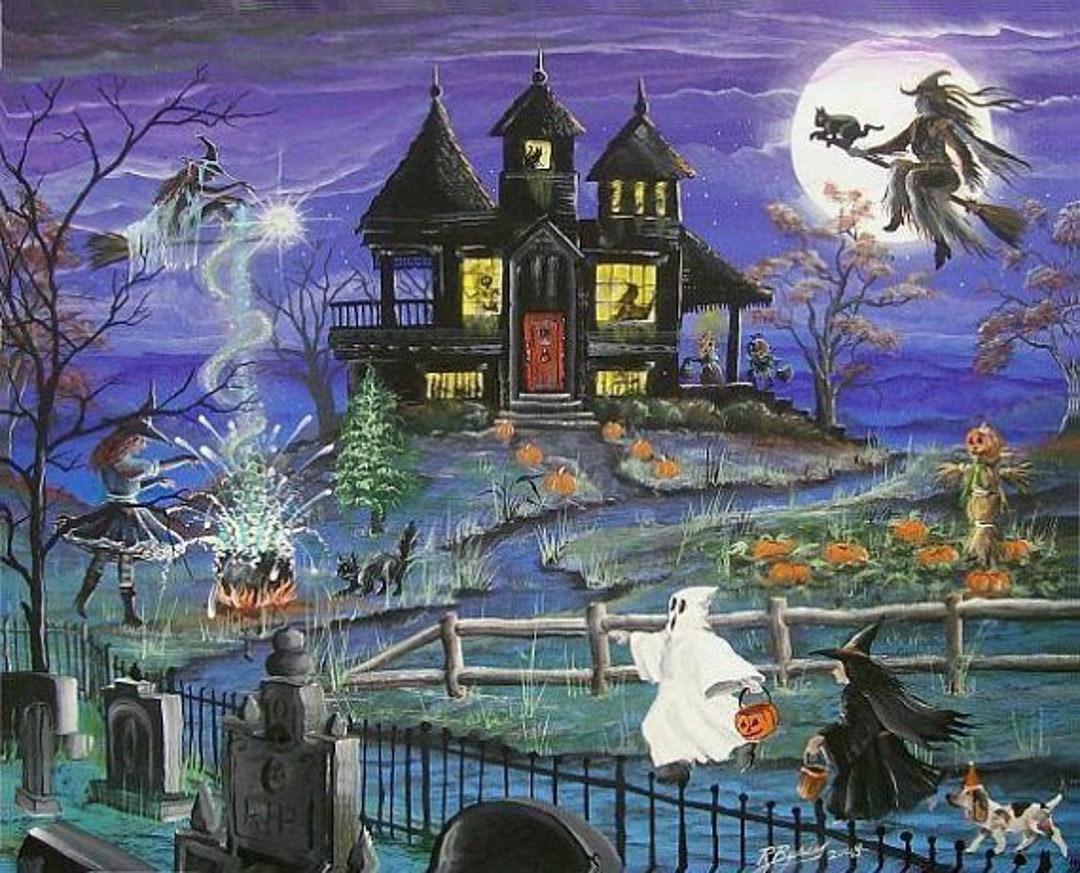 Folk Art Halloween Golden Haunted House Witch Iron Fence, Cross Stitch ...