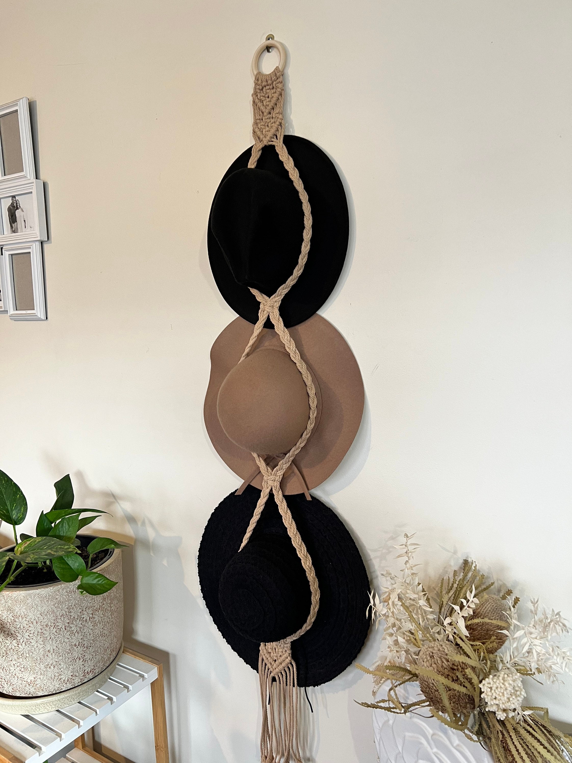 Triple Macrame Hat Hanger: Boho Hat Storage, Wall Decor - Etsy display picture 3