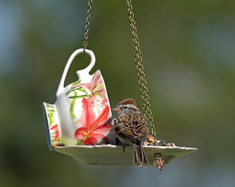 Floral Teacup Birdfeeder, Garden gift feeder, Hanging Bird Feeder, For the Birds, Gift for Mom, Daughter, Bird Lover Gift