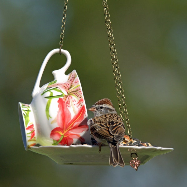 Floral Teacup Birdfeeder, Garden gift feeder, Hanging Bird Feeder, For the Birds, Gift for Mom, Daughter, Bird Lover Gift